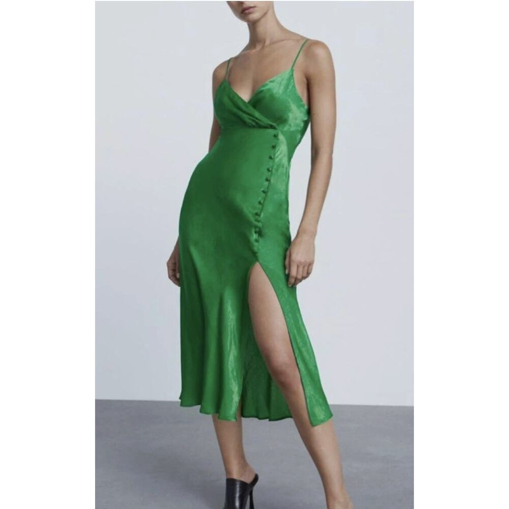 Zara kelly green satin slip dress button high slit cocktail strappy sz L NEW NWT